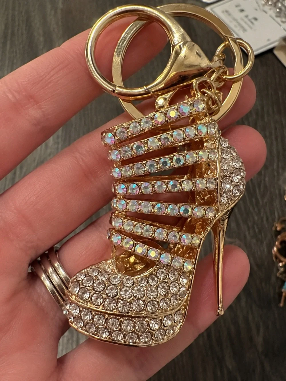 Crystal High Heel Shoe Keychain Bag Charm Gold & Pink Sparkly Bling Rhinestones
